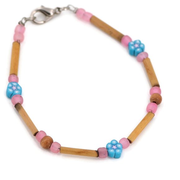 Pink Blue Beaded Bracelet Reed Fimo Frosted Glass 7.25" - Picture 2 of 3